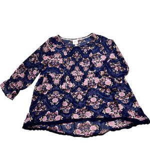 Knox Rose Blouse XXL Blue Lace Semi Sheer Floral Smocked Ruffle Boho 3/4 Sleeve